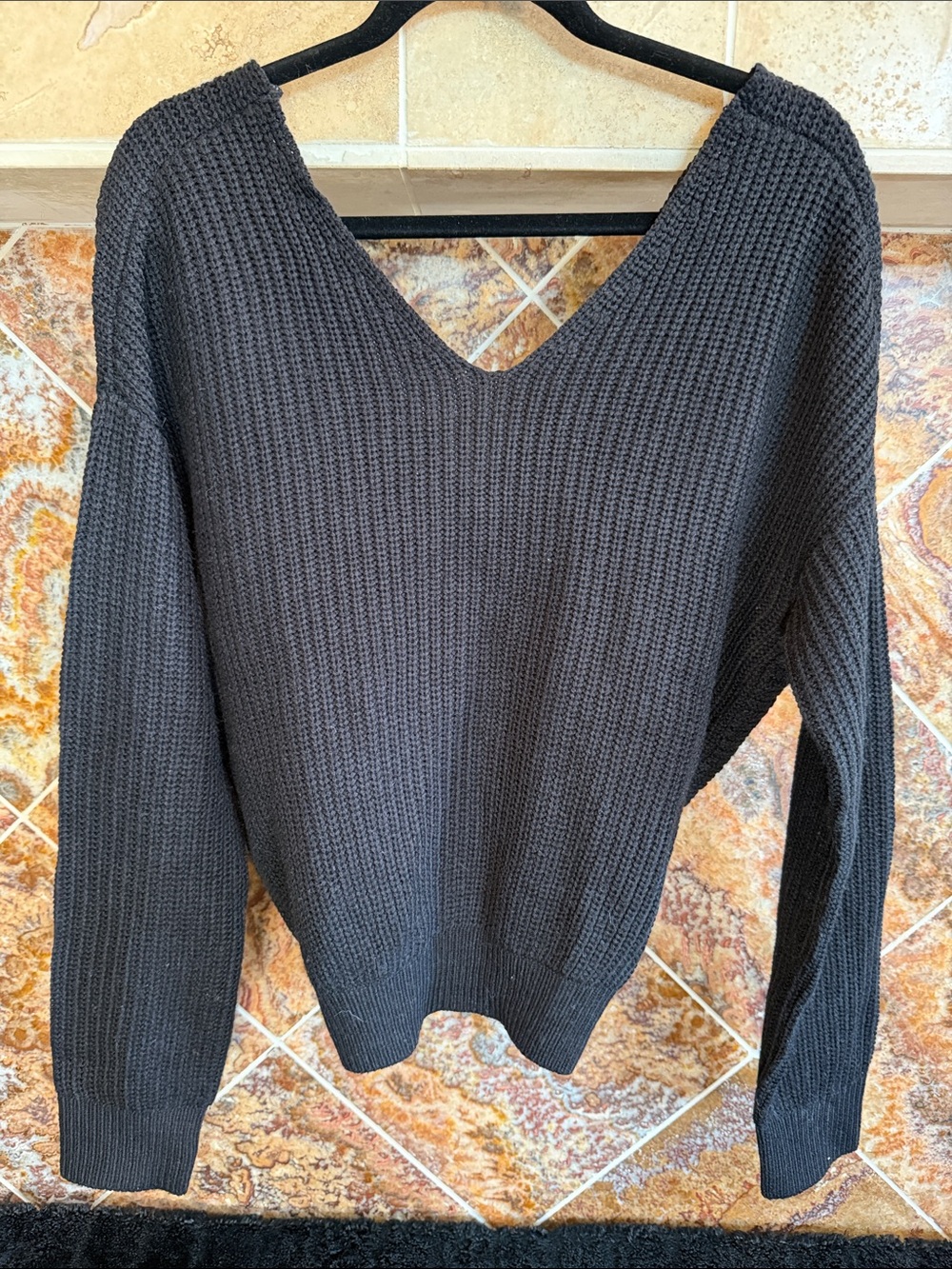 Fashion Nova Black Ribbed Knit V Neck Twist Back Sweater Acrylic Size Small